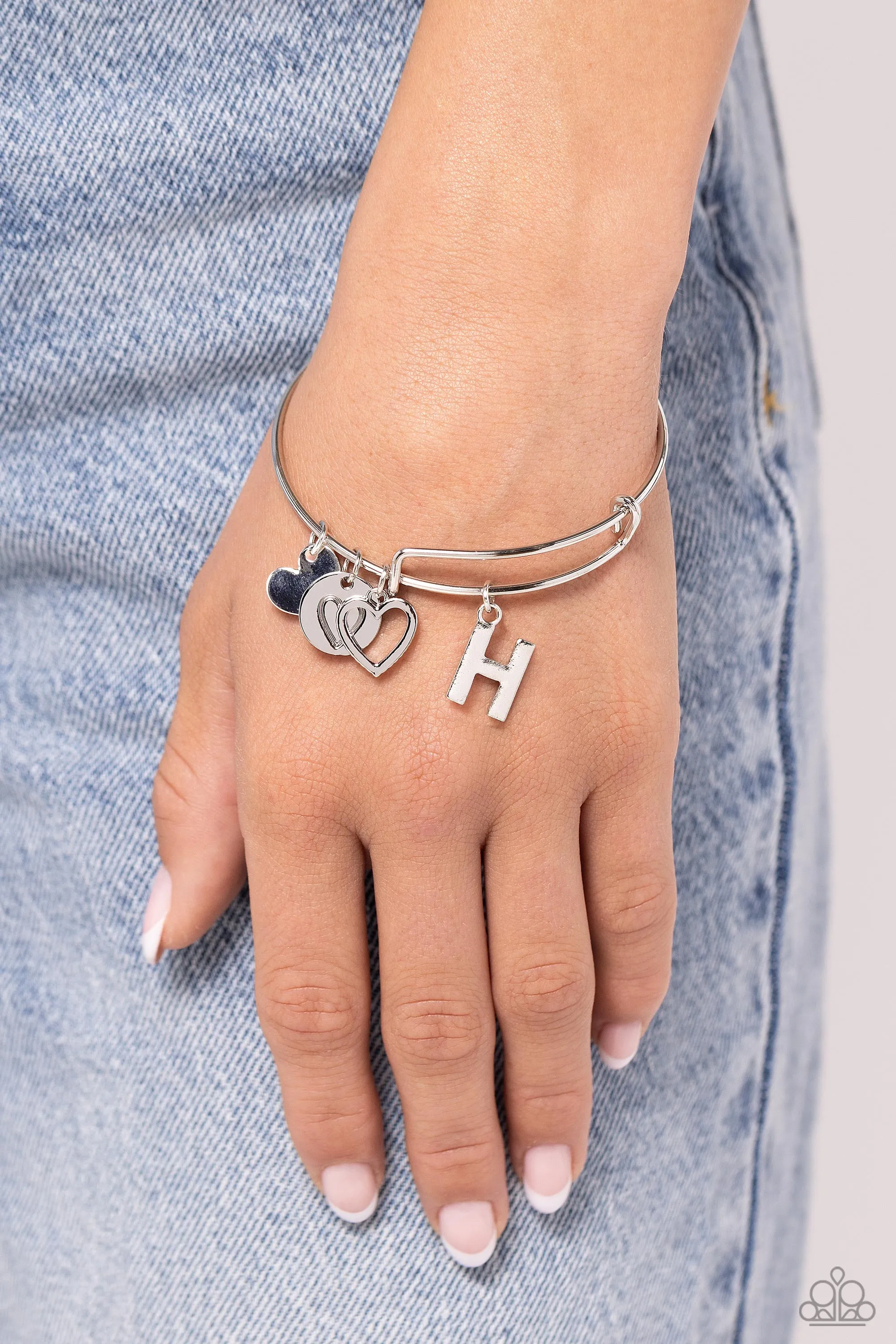 Making It INITIAL - Silver - H - Heart and Letter Charm Paparazzi Bangle Bracelet