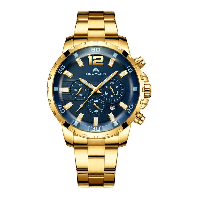 MEGALITH Fashion Mens Watches Top Brand Luxury Waterproof Chronograph Quartz Clock Army Military Mens Watches  Relogio Masculino
