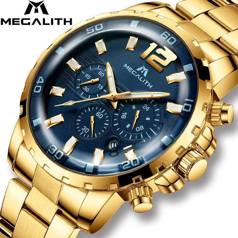 MEGALITH Fashion Mens Watches Top Brand Luxury Waterproof Chronograph Quartz Clock Army Military Mens Watches  Relogio Masculino