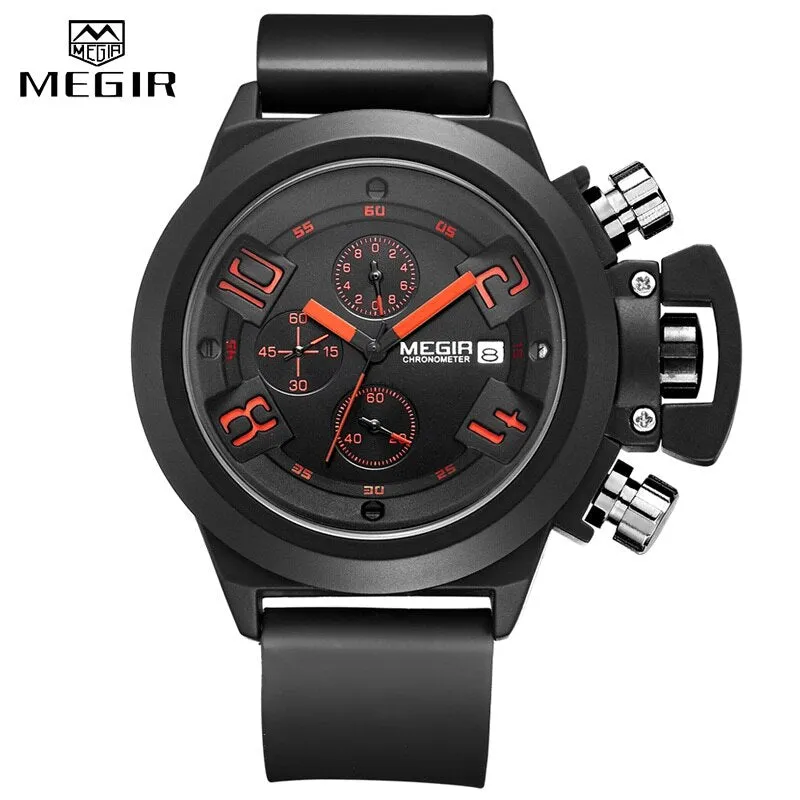 MEGIR 3D Engraved Dial Clocks Male Sport Quartz Men Watches Black Silicone Waterproof Military Chronograph Watch Reloj Hombre