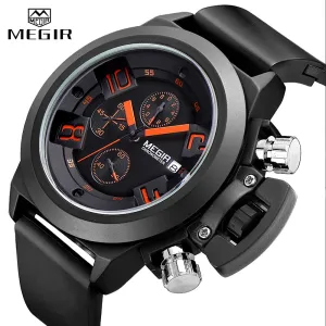 MEGIR 3D Engraved Dial Clocks Male Sport Quartz Men Watches Black Silicone Waterproof Military Chronograph Watch Reloj Hombre