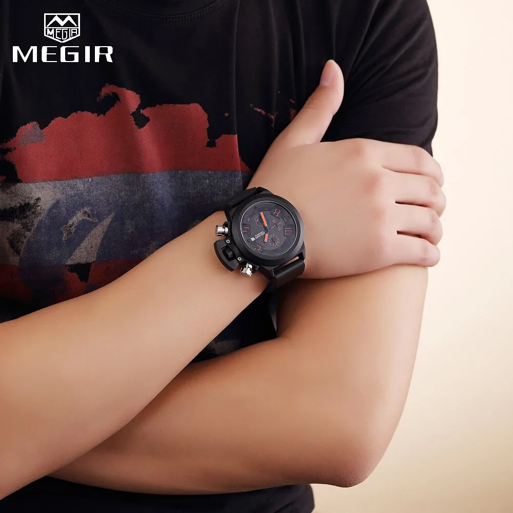 MEGIR 3D Engraved Dial Clocks Male Sport Quartz Men Watches Black Silicone Waterproof Military Chronograph Watch Reloj Hombre