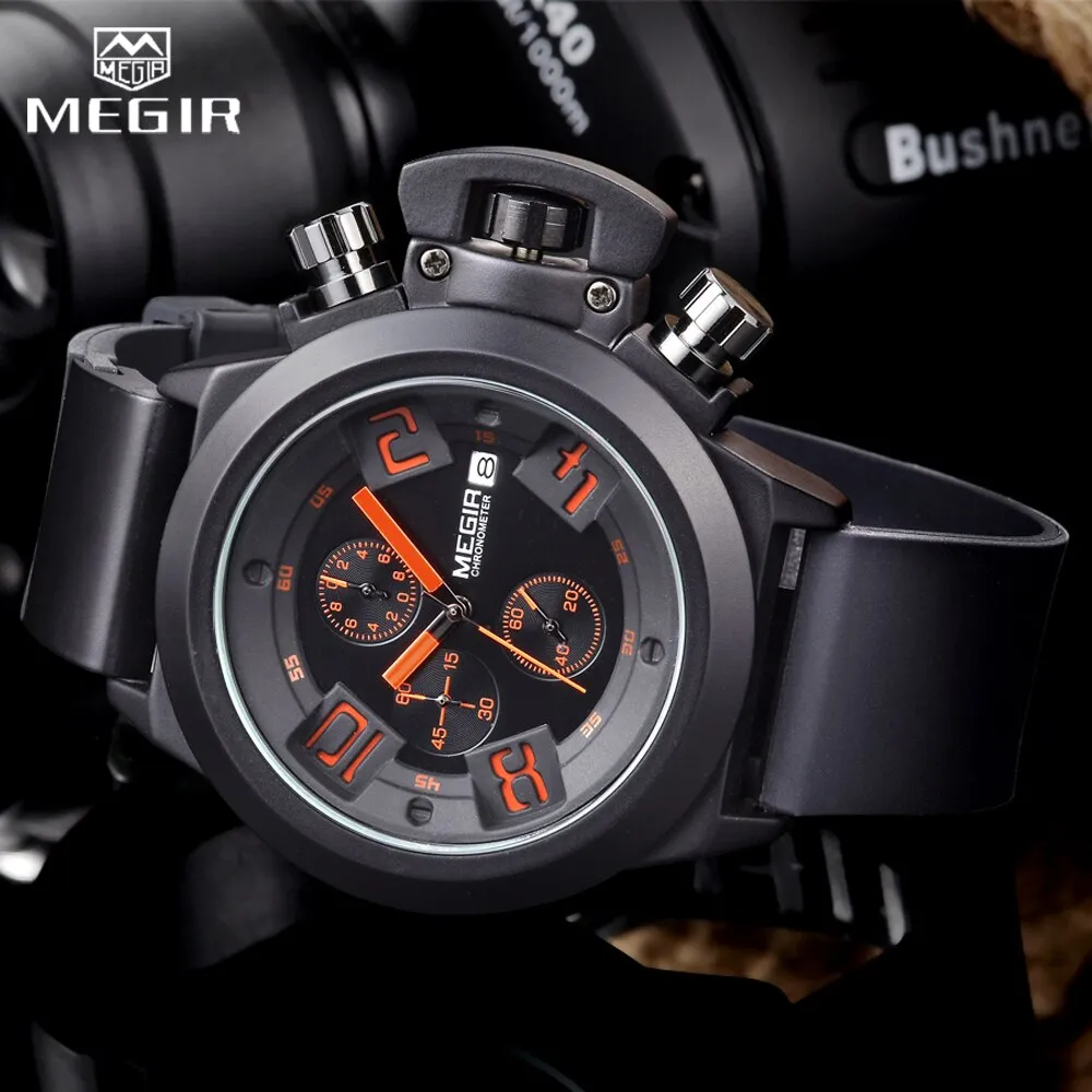 MEGIR 3D Engraved Dial Clocks Male Sport Quartz Men Watches Black Silicone Waterproof Military Chronograph Watch Reloj Hombre
