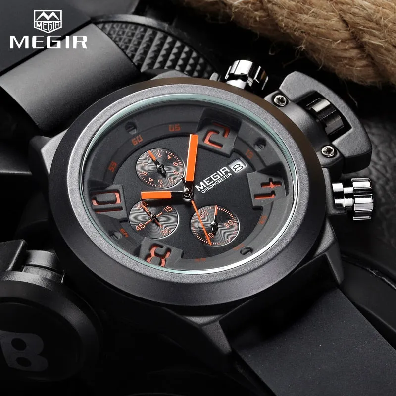 MEGIR 3D Engraved Dial Clocks Male Sport Quartz Men Watches Black Silicone Waterproof Military Chronograph Watch Reloj Hombre