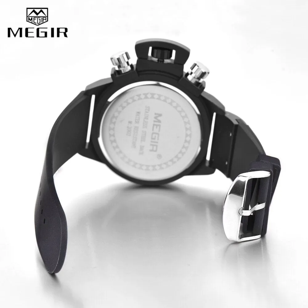 MEGIR 3D Engraved Dial Clocks Male Sport Quartz Men Watches Black Silicone Waterproof Military Chronograph Watch Reloj Hombre