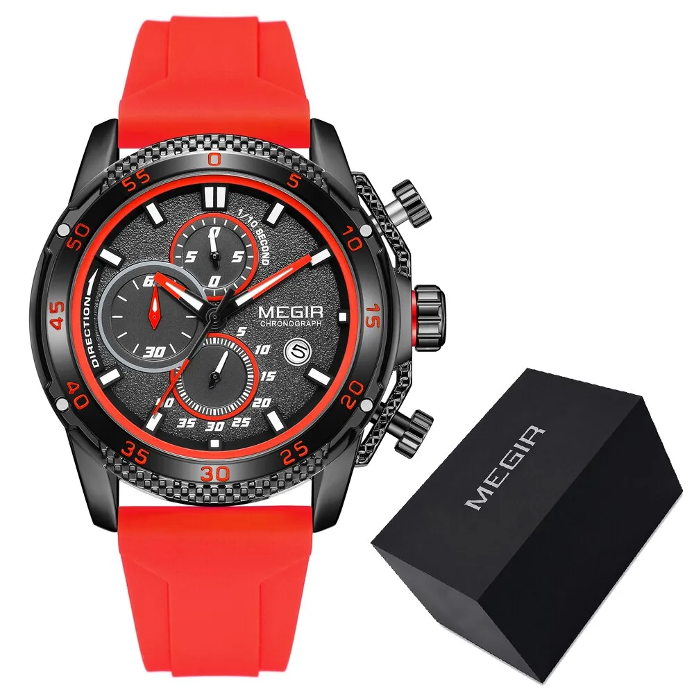 MEGIR Brand Luxury Mens Watches Silicone Strap Luminous Waterproof Sport Quartz Chronograph Military Wristwatch Men Clock Orange