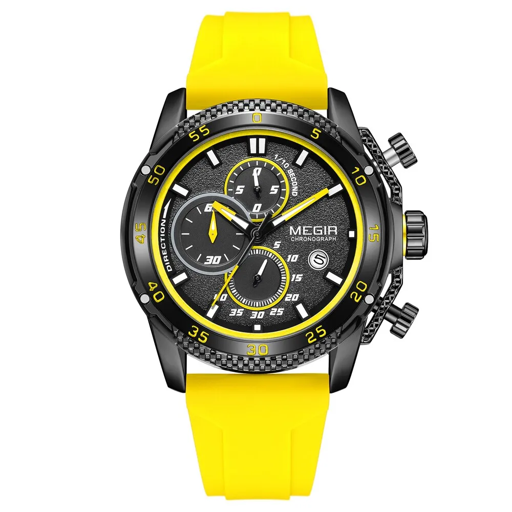 MEGIR Brand Luxury Mens Watches Silicone Strap Luminous Waterproof Sport Quartz Chronograph Military Wristwatch Men Clock Orange
