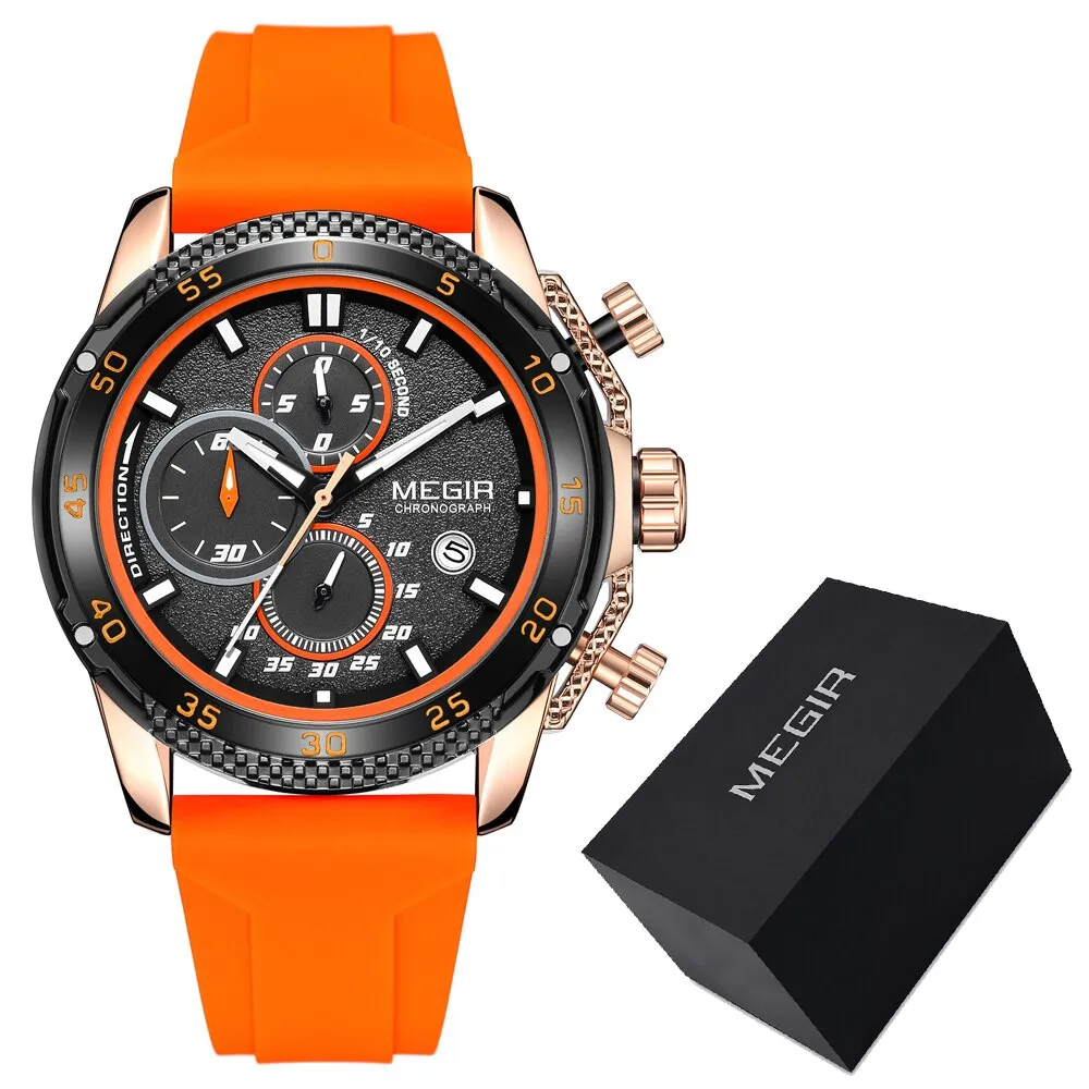 MEGIR Brand Luxury Mens Watches Silicone Strap Luminous Waterproof Sport Quartz Chronograph Military Wristwatch Men Clock Orange