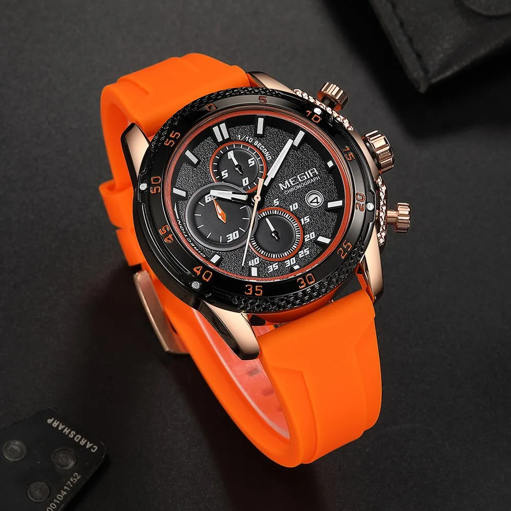 MEGIR Brand Luxury Mens Watches Silicone Strap Luminous Waterproof Sport Quartz Chronograph Military Wristwatch Men Clock Orange