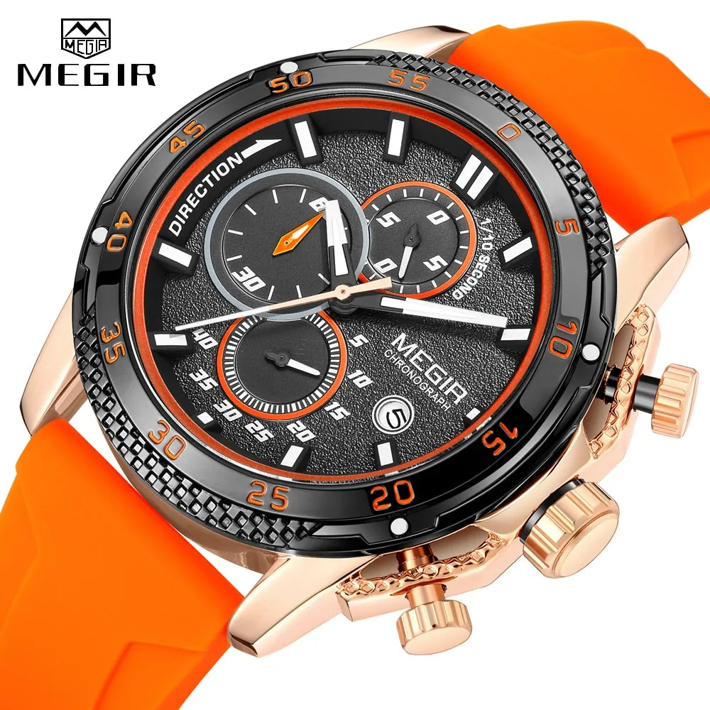 MEGIR Brand Luxury Mens Watches Silicone Strap Luminous Waterproof Sport Quartz Chronograph Military Wristwatch Men Clock Orange