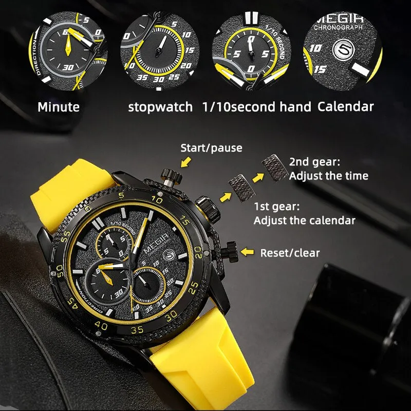 MEGIR Brand Luxury Mens Watches Silicone Strap Luminous Waterproof Sport Quartz Chronograph Military Wristwatch Men Clock Orange