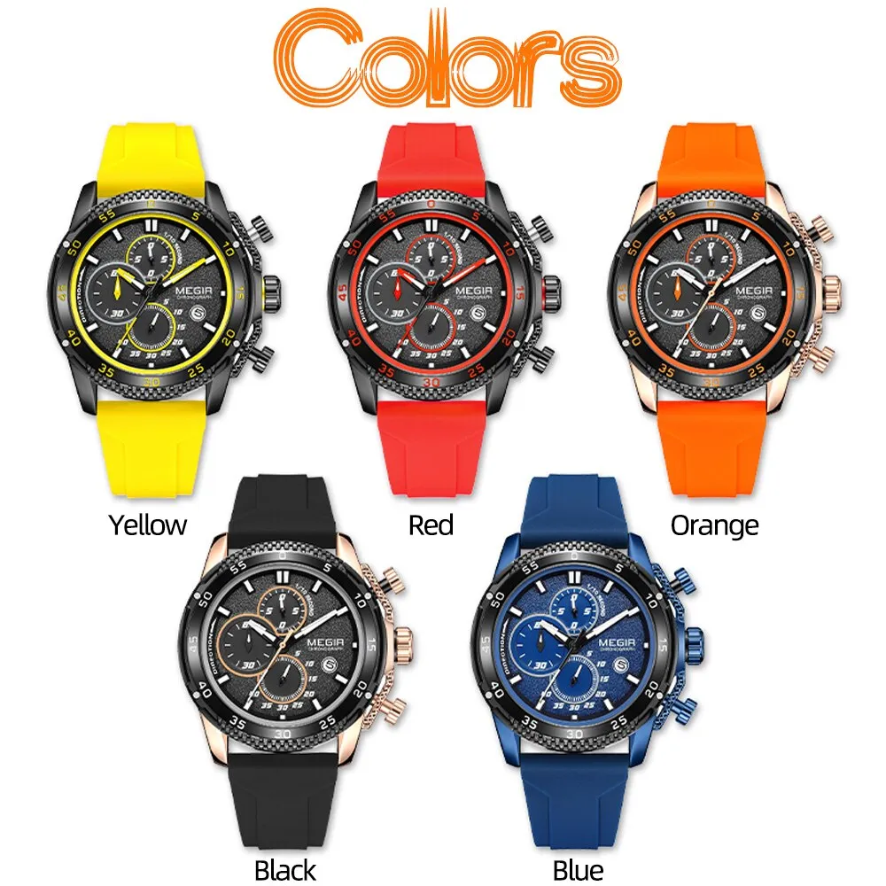 MEGIR Brand Luxury Mens Watches Silicone Strap Luminous Waterproof Sport Quartz Chronograph Military Wristwatch Men Clock Orange
