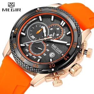 MEGIR Brand Luxury Mens Watches Silicone Strap Luminous Waterproof Sport Quartz Chronograph Military Wristwatch Men Clock Orange