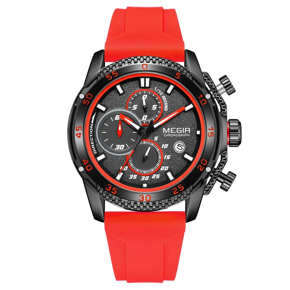 MEGIR Brand Luxury Mens Watches Silicone Strap Luminous Waterproof Sport Quartz Chronograph Military Wristwatch Men Clock Orange