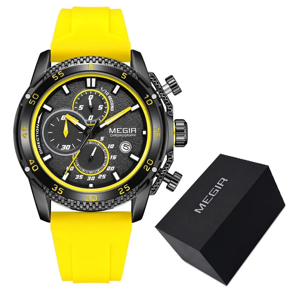 MEGIR Brand Luxury Mens Watches Silicone Strap Luminous Waterproof Sport Quartz Chronograph Military Wristwatch Men Clock Orange
