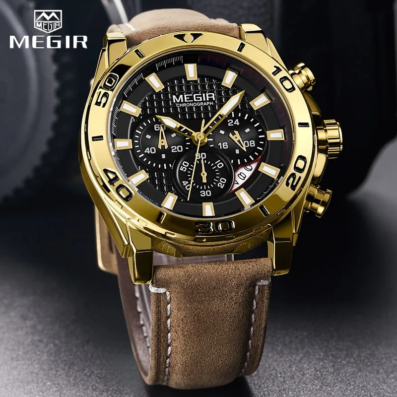 MEGIR Chronograph Mens Watches Top Brand Luxury Golden Men Quartz Watch Leather Waterproof Military Sport Wristwatches Men