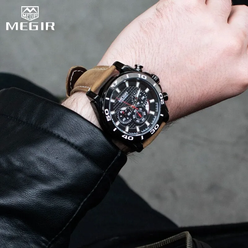 MEGIR Chronograph Mens Watches Top Brand Luxury Golden Men Quartz Watch Leather Waterproof Military Sport Wristwatches Men
