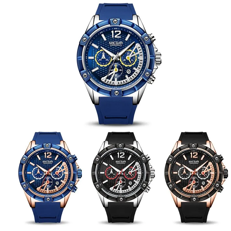 MEGIR Chronograph Sport Men Watch Waterproof Silicone Quartz Watches Men Clock Hour Army Military Wristwatches Relogio Masculino