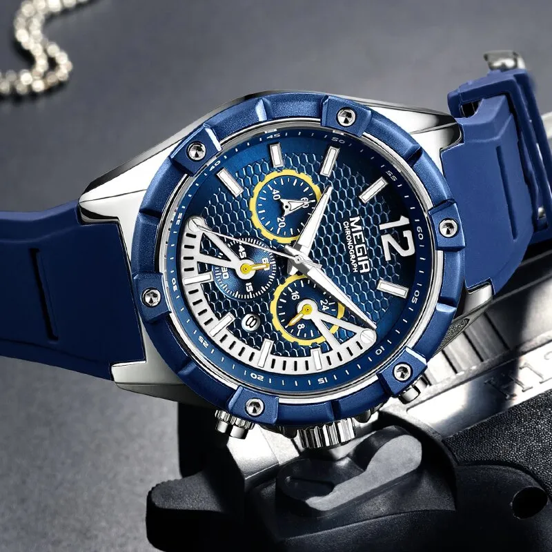 MEGIR Chronograph Sport Men Watch Waterproof Silicone Quartz Watches Men Clock Hour Army Military Wristwatches Relogio Masculino