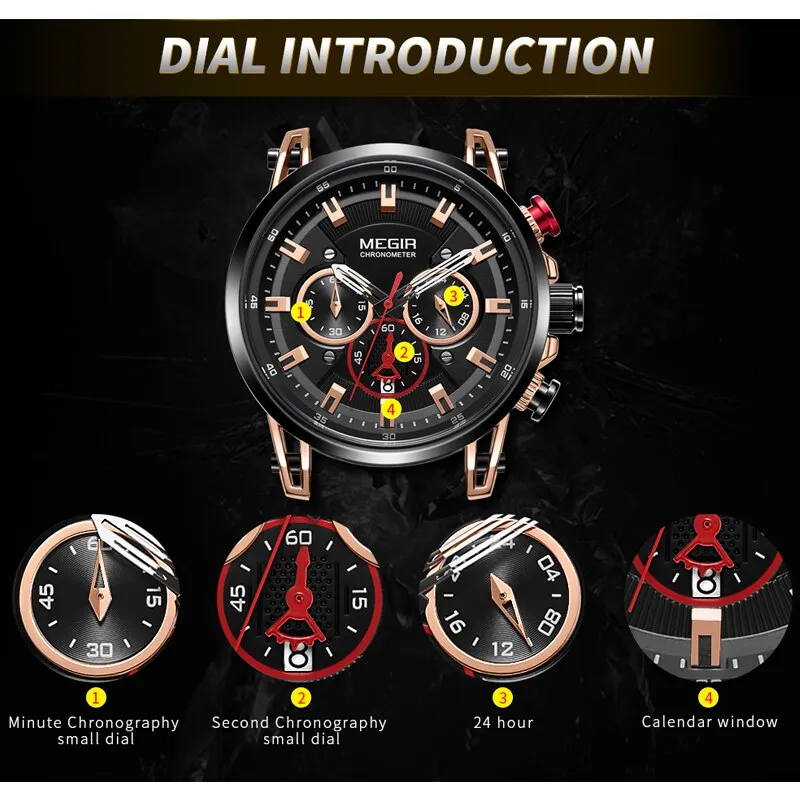 MEGIR Chronograph Watch Mens Leather Strap Quartz Sport Watches Men Waterproof Army Military Luxury Wristwatch 2022 Male Clock