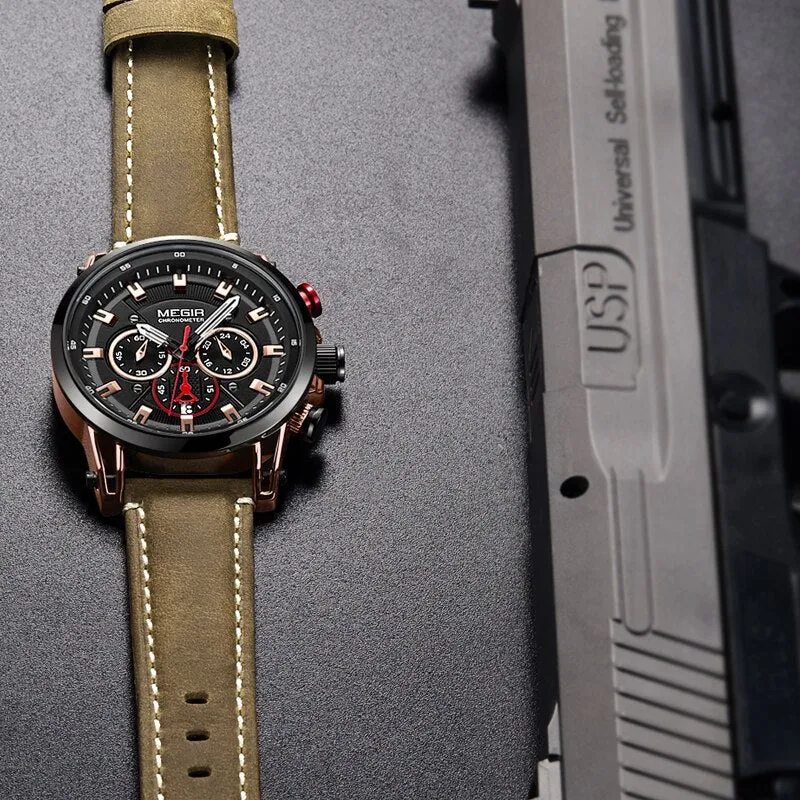 MEGIR Chronograph Watch Mens Leather Strap Quartz Sport Watches Men Waterproof Army Military Luxury Wristwatch 2022 Male Clock