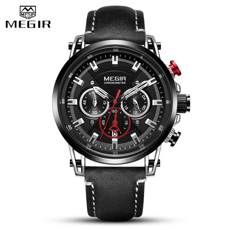 MEGIR Chronograph Watch Mens Leather Strap Quartz Sport Watches Men Waterproof Army Military Luxury Wristwatch 2022 Male Clock