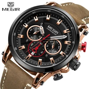 MEGIR Chronograph Watch Mens Leather Strap Quartz Sport Watches Men Waterproof Army Military Luxury Wristwatch 2022 Male Clock