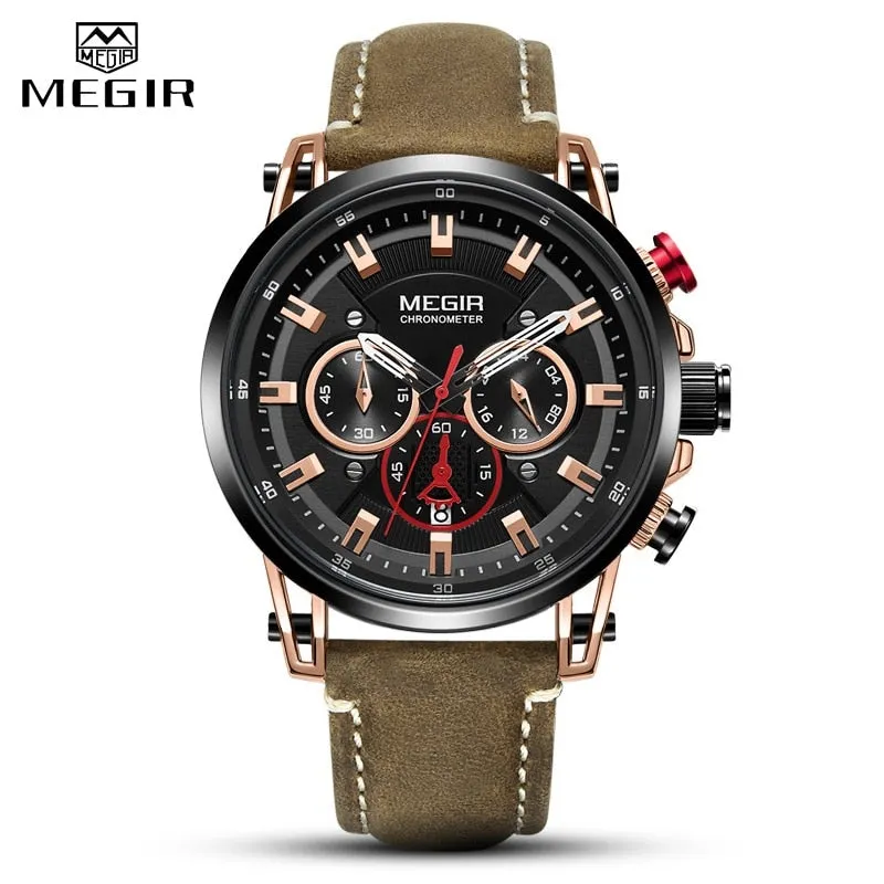 MEGIR Chronograph Watch Mens Leather Strap Quartz Sport Watches Men Waterproof Army Military Luxury Wristwatch 2022 Male Clock