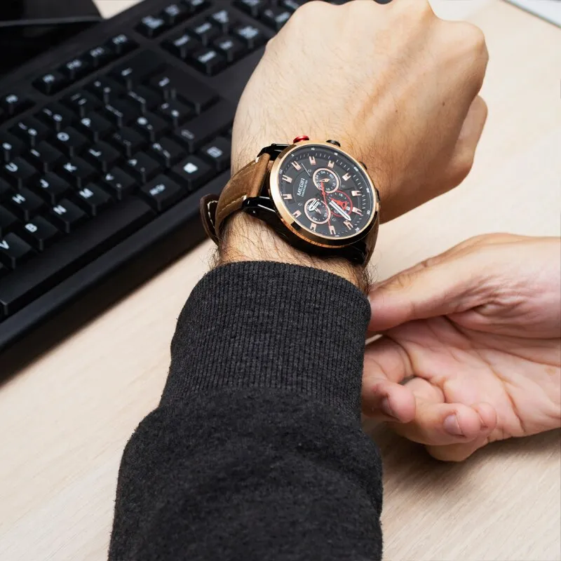 MEGIR Chronograph Watch Mens Leather Strap Quartz Sport Watches Men Waterproof Army Military Luxury Wristwatch 2022 Male Clock