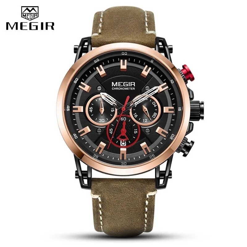MEGIR Chronograph Watch Mens Leather Strap Quartz Sport Watches Men Waterproof Army Military Luxury Wristwatch 2022 Male Clock