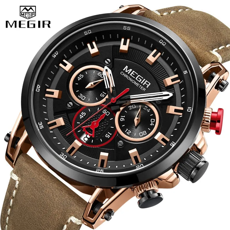 MEGIR Chronograph Watch Mens Leather Strap Quartz Sport Watches Men Waterproof Army Military Luxury Wristwatch 2022 Male Clock