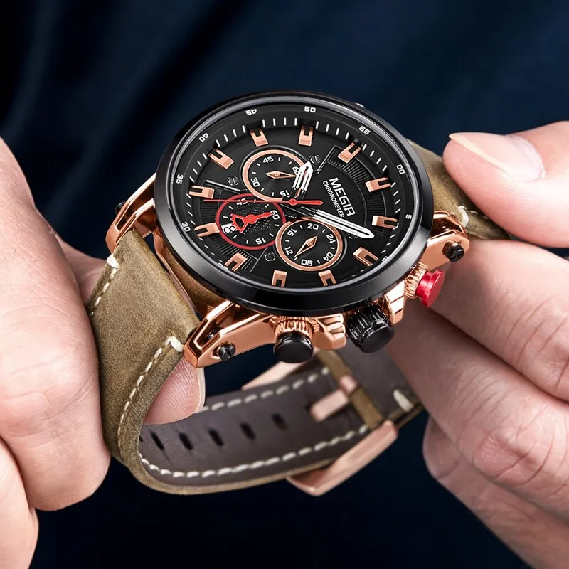 MEGIR Chronograph Watch Mens Leather Strap Quartz Sport Watches Men Waterproof Army Military Luxury Wristwatch 2022 Male Clock