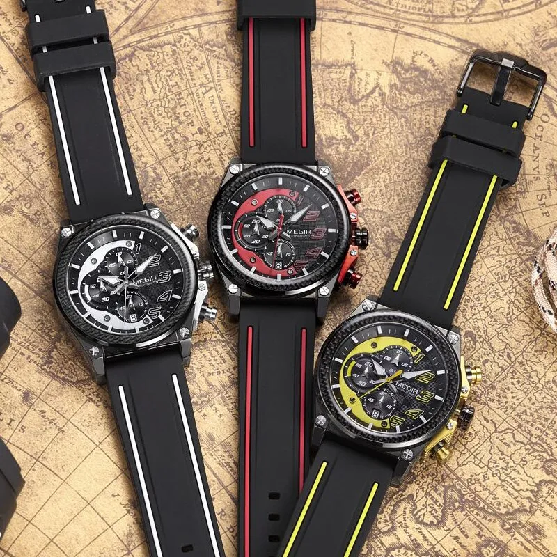 MEGIR Fashion Sport Watches for Men Top Brand Luxury Silicone Casual Quartz Wrist Watch Mens Clock Military Chronograph Watch