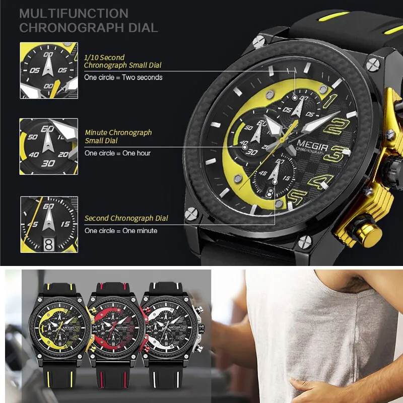 MEGIR Fashion Sport Watches for Men Top Brand Luxury Silicone Casual Quartz Wrist Watch Mens Clock Military Chronograph Watch