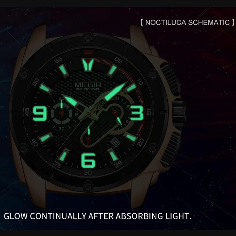 MEGIR Mens Watches Chronograph Military Waterproof Sport Quartz Watch Men Luxury Brand Male Wristwatch Big Dial Silicone Clock