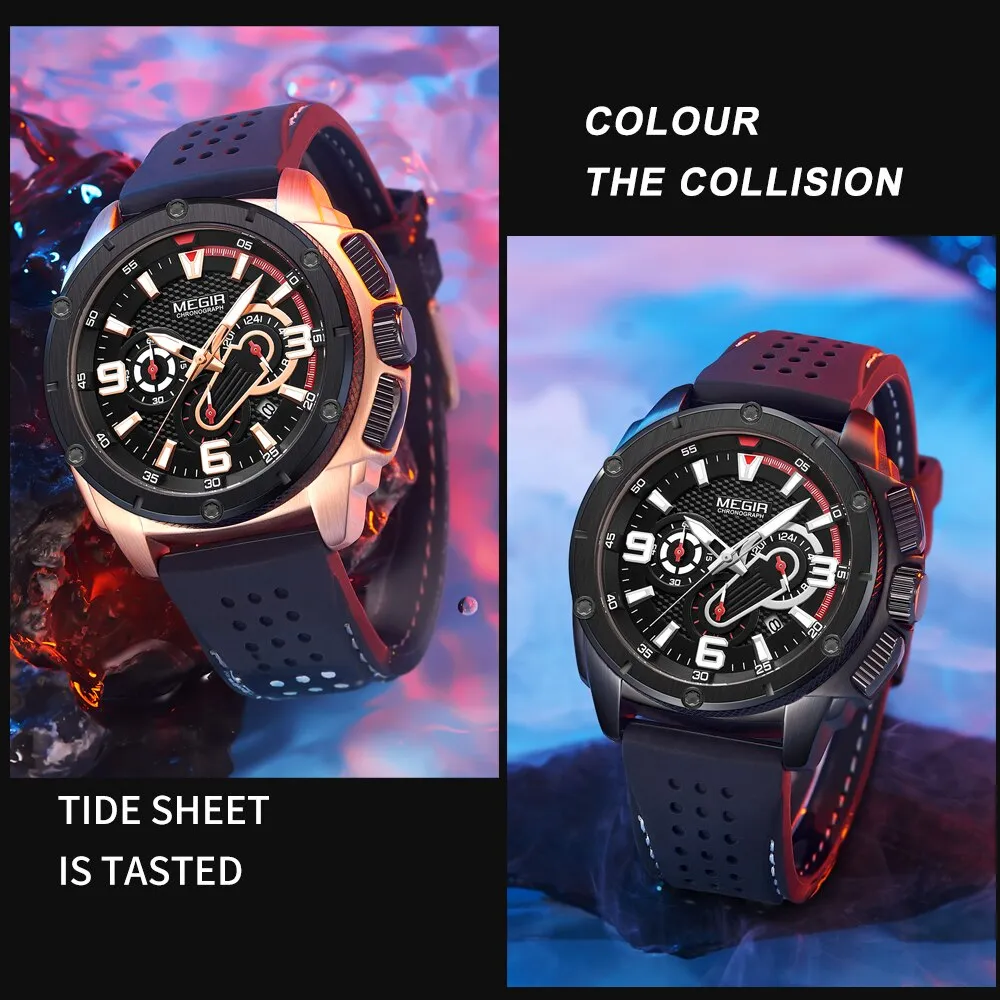 MEGIR Mens Watches Chronograph Military Waterproof Sport Quartz Watch Men Luxury Brand Male Wristwatch Big Dial Silicone Clock