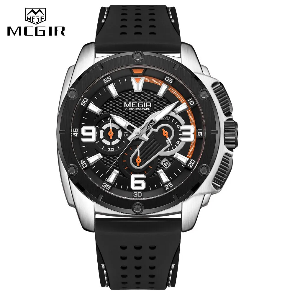 MEGIR Mens Watches Chronograph Military Waterproof Sport Quartz Watch Men Luxury Brand Male Wristwatch Big Dial Silicone Clock