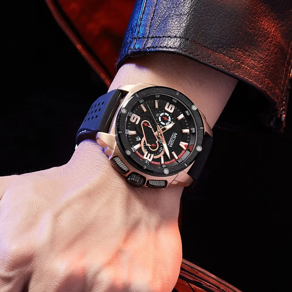 MEGIR Mens Watches Chronograph Military Waterproof Sport Quartz Watch Men Luxury Brand Male Wristwatch Big Dial Silicone Clock