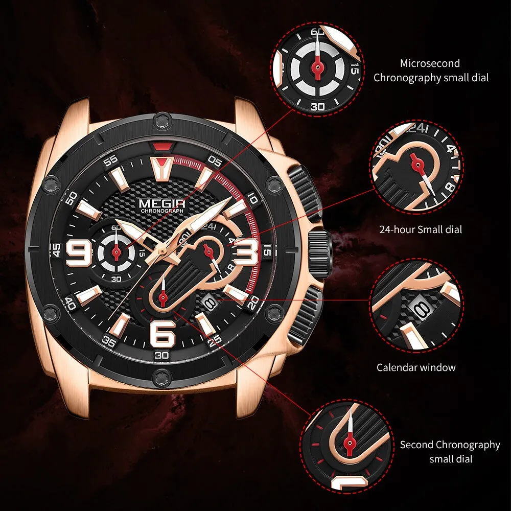 MEGIR Mens Watches Chronograph Military Waterproof Sport Quartz Watch Men Luxury Brand Male Wristwatch Big Dial Silicone Clock