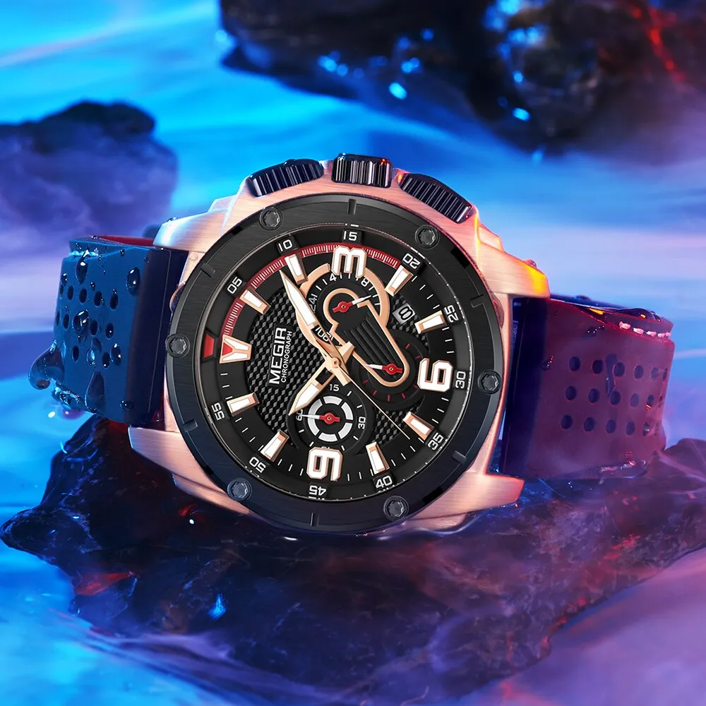 MEGIR Mens Watches Chronograph Military Waterproof Sport Quartz Watch Men Luxury Brand Male Wristwatch Big Dial Silicone Clock