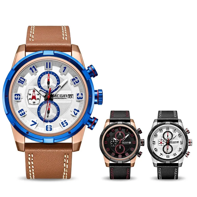 MEGIR Military Mens Watches Waterproof Sport Quartz Watch Men Fashion Business Chronograph Leather Clock Male Relogio Masculino