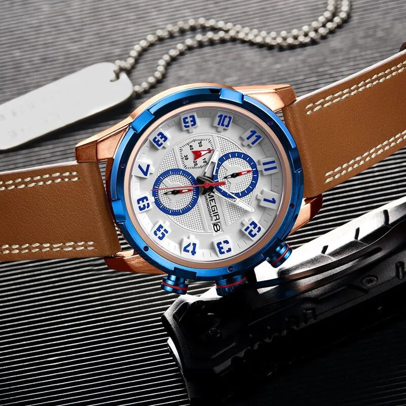 MEGIR Military Mens Watches Waterproof Sport Quartz Watch Men Fashion Business Chronograph Leather Clock Male Relogio Masculino