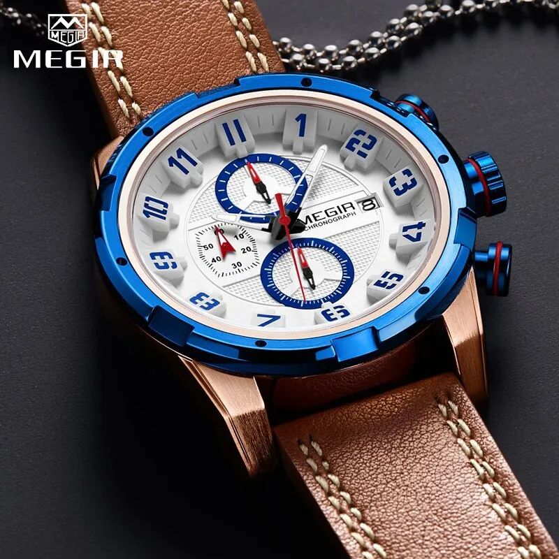 MEGIR Military Mens Watches Waterproof Sport Quartz Watch Men Fashion Business Chronograph Leather Clock Male Relogio Masculino