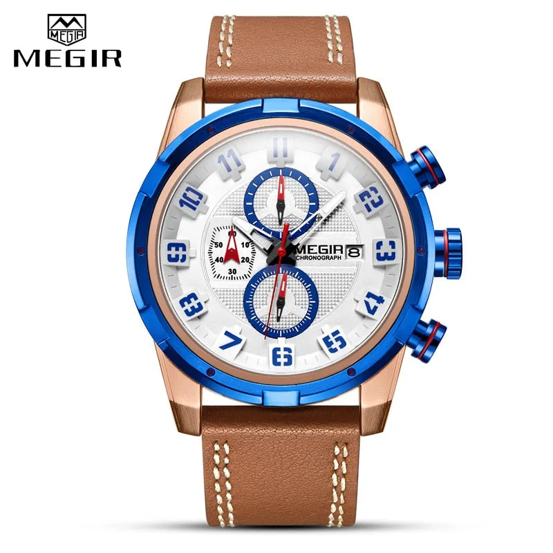MEGIR Military Mens Watches Waterproof Sport Quartz Watch Men Fashion Business Chronograph Leather Clock Male Relogio Masculino