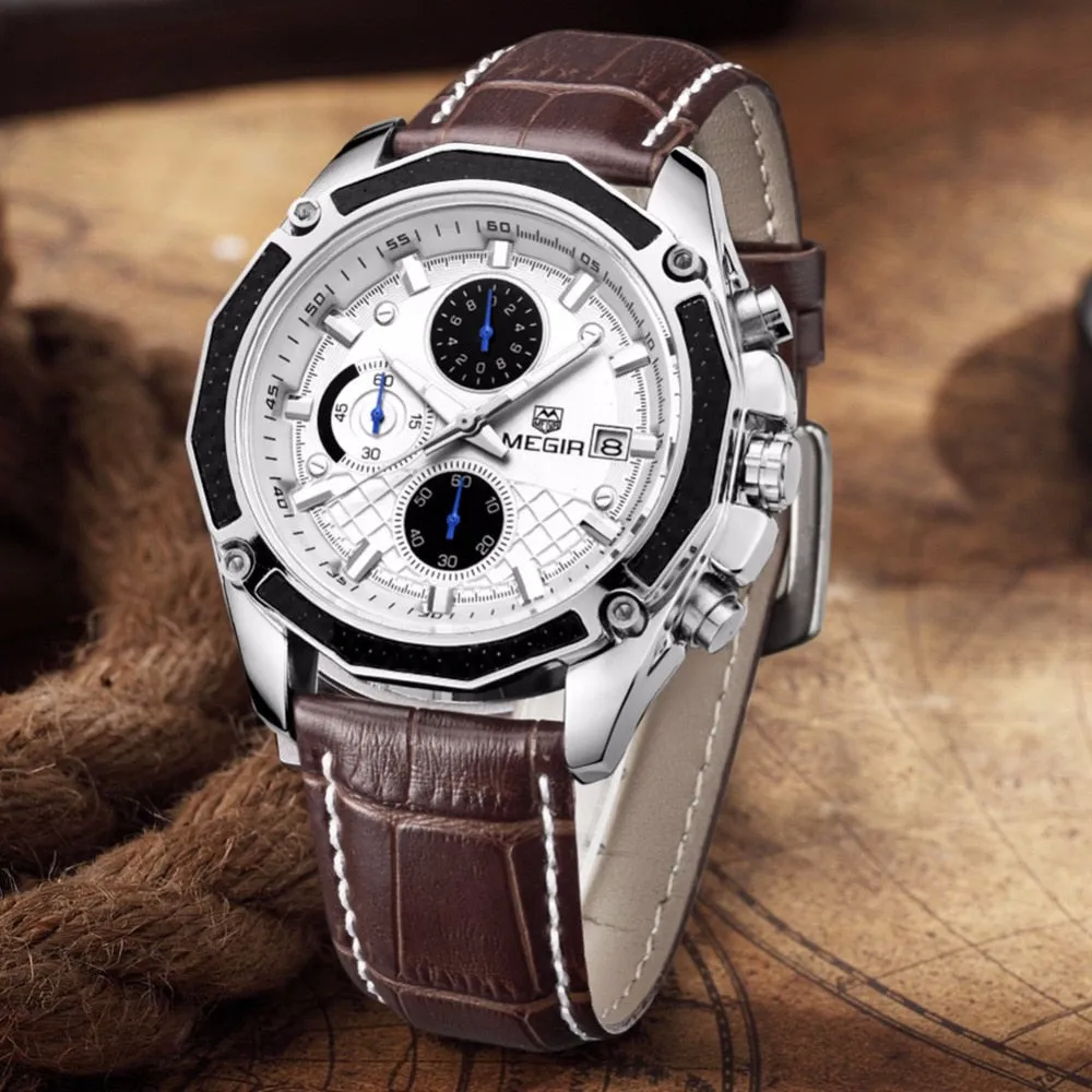 MEGIR Watch Business Quartz Men Watches Military Waterproof Leather Sport Wristwatch Chronograph Male Clock Relogio Masculino