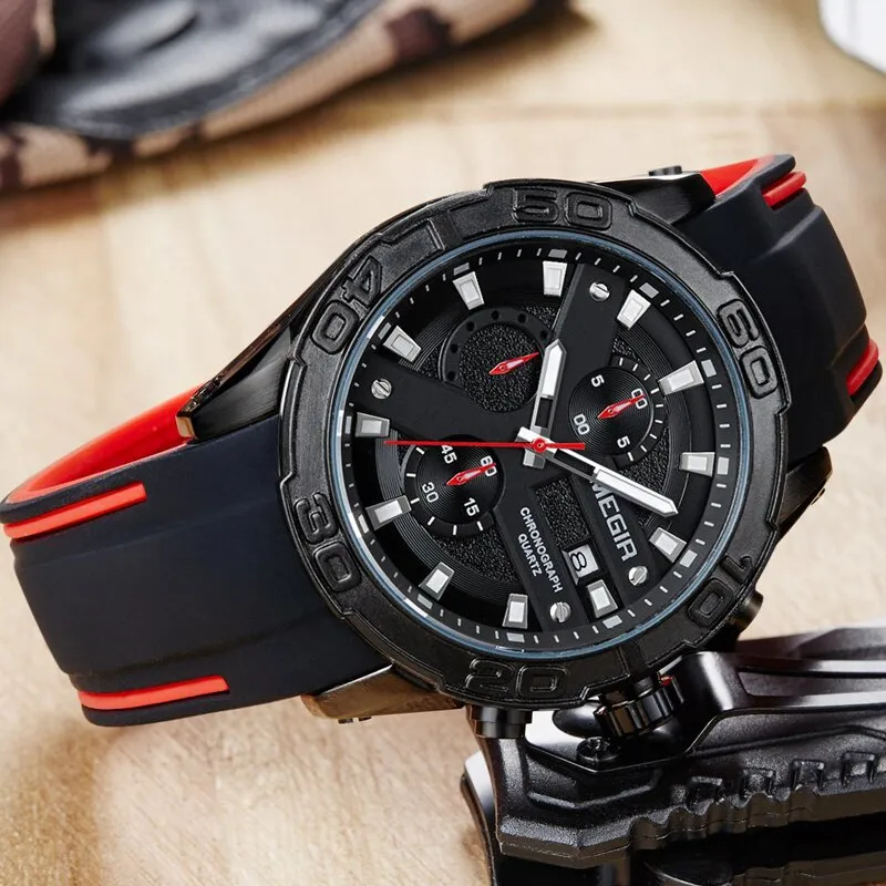 MEGIR Watches Analog Quartz Wristwatch Waterproof Sport Chronograph Silicone Military Watch Men Auto Date Relogio Masculino