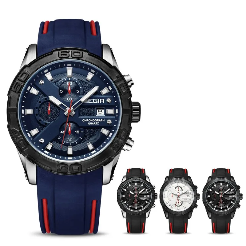MEGIR Watches Analog Quartz Wristwatch Waterproof Sport Chronograph Silicone Military Watch Men Auto Date Relogio Masculino