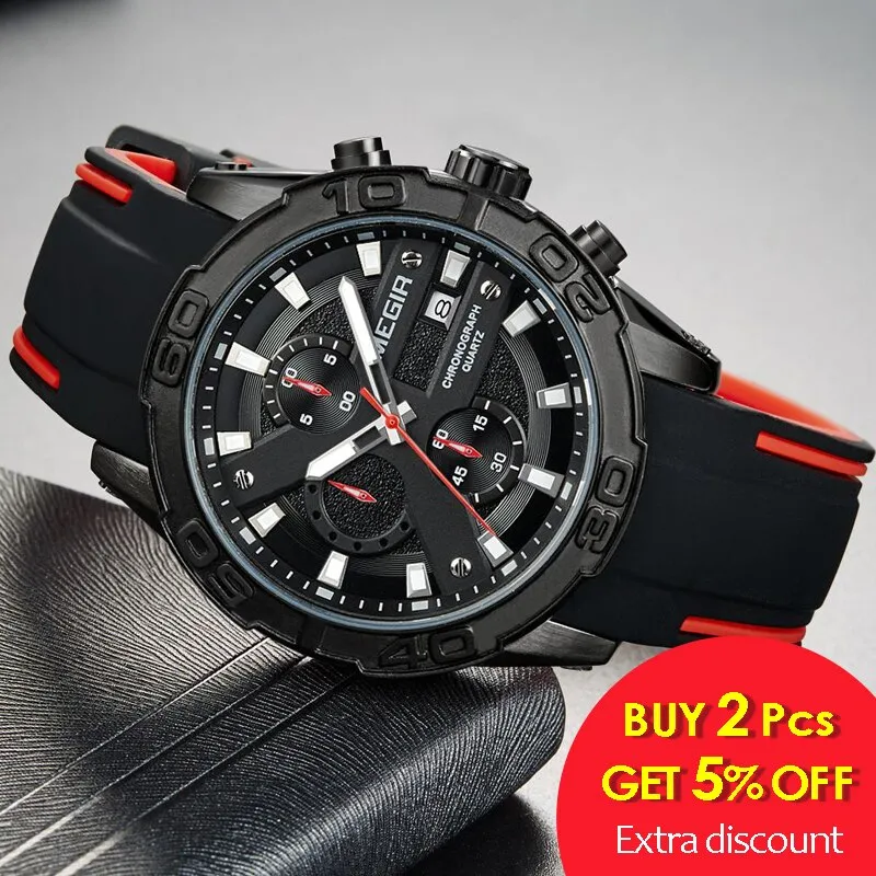MEGIR Watches Analog Quartz Wristwatch Waterproof Sport Chronograph Silicone Military Watch Men Auto Date Relogio Masculino
