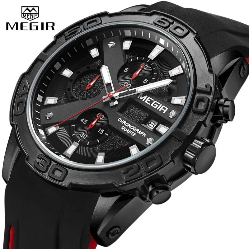 MEGIR Watches Analog Quartz Wristwatch Waterproof Sport Chronograph Silicone Military Watch Men Auto Date Relogio Masculino