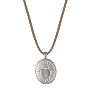 Men's Sterling Silver Large Heart with Flames Pendant on Natural Cord